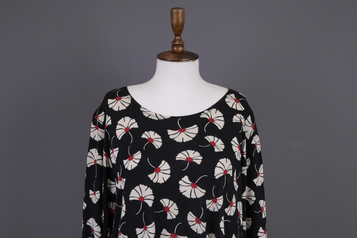 GUDRUN SJODEN Black Floral Relaxed Long Sleeve Blouson Midi Dress – Size L