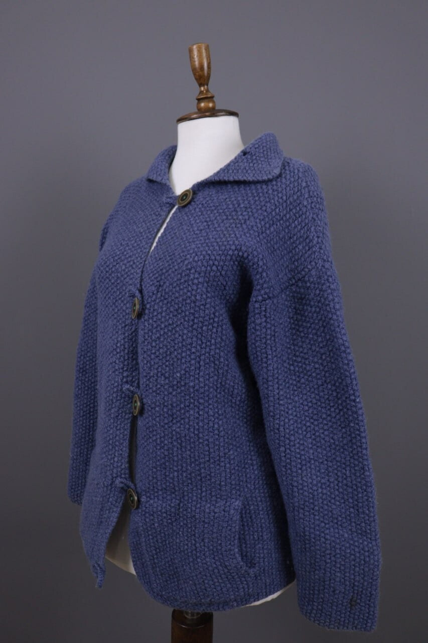 Pachamama Blue Button Down Wool Hand Knit Cardigan Jacket – Size XL