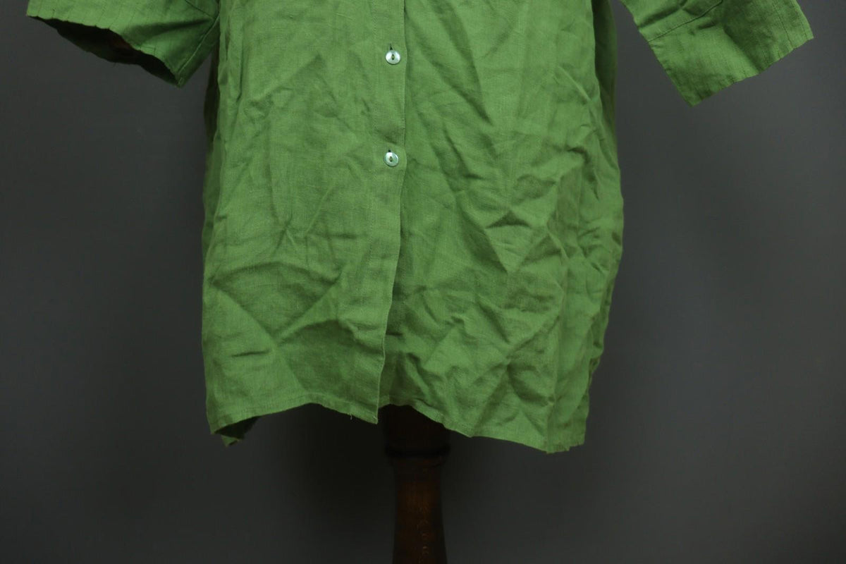 GUDRUN SJODEN Green 100%Linen Classic Long Sleeve Button Front Shirt Dress Sz XL