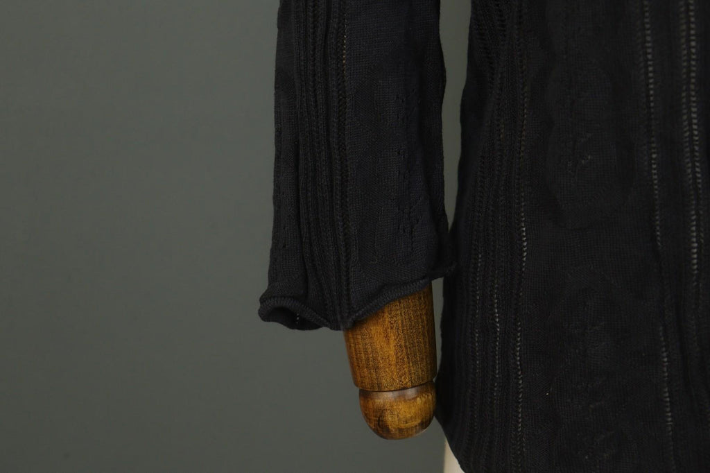GUDRUN SJODEN Black Silk Open Knit Long Sleeve Round Neck Pullover Sweater