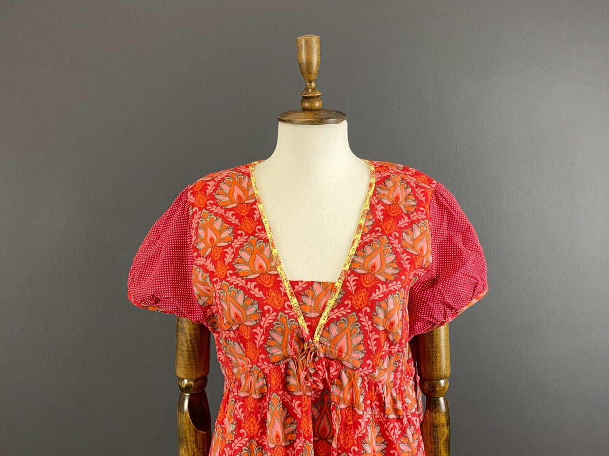 Deerberg by Oska Red Floral Short Sleeve Boho Relaxed Blouson Midi Dress – Size M