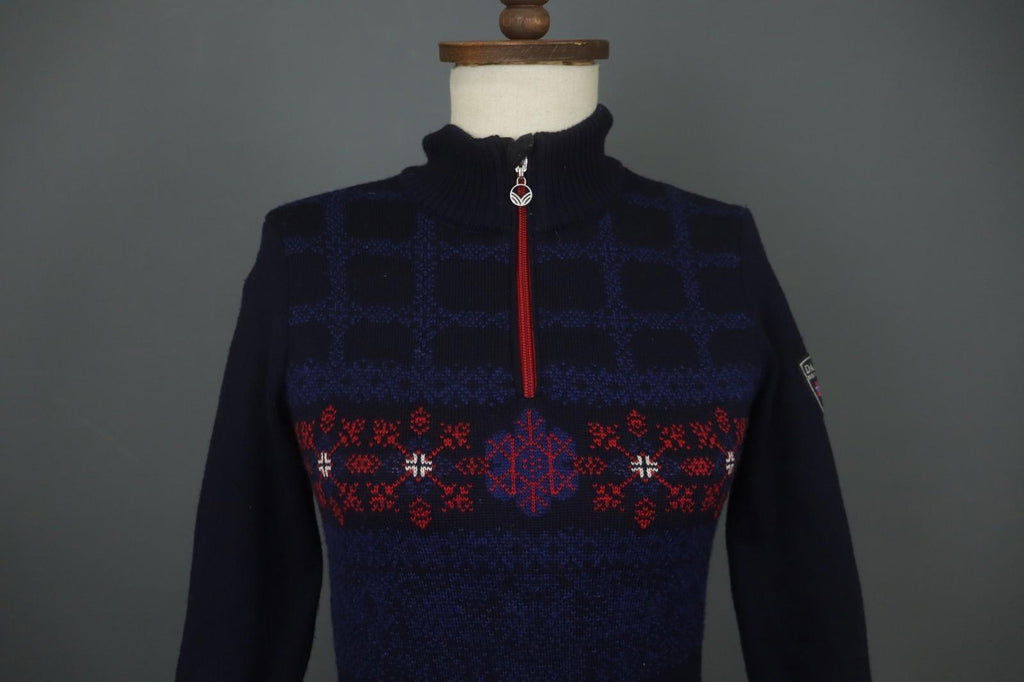 DALE OF NORWAY Navy 100% Wool Knitted Floral Mock Neck 1/4 Zip Sweater – Size XS