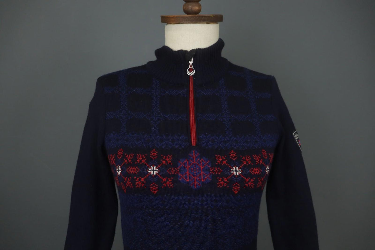 DALE OF NORWAY Navy 100% Wool Knitted Floral Mock Neck 1/4 Zip Sweater – Size XS