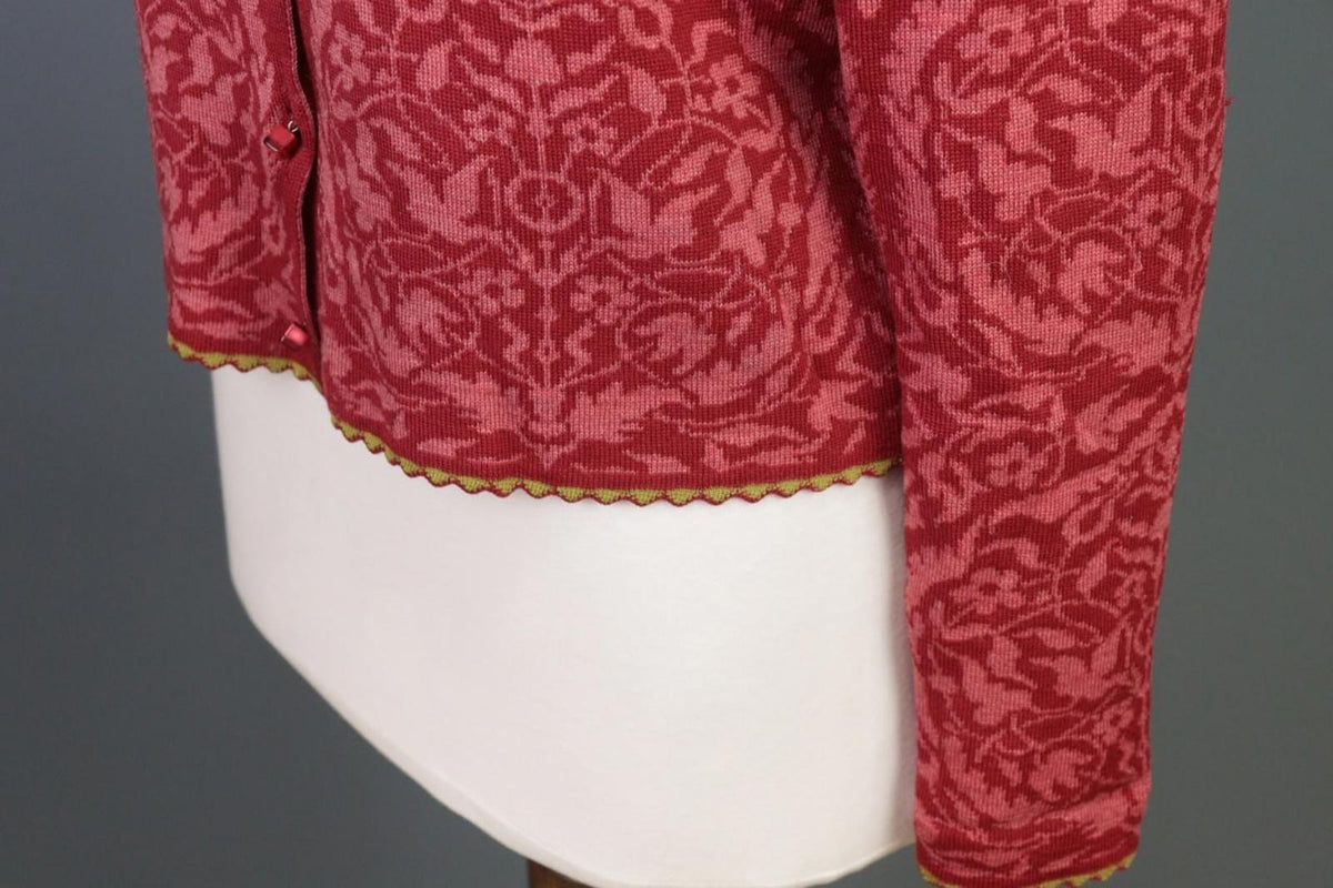 OLEANA Red Floral Round Neck Long Sleeve Button Front Cardigan Sweater S/M