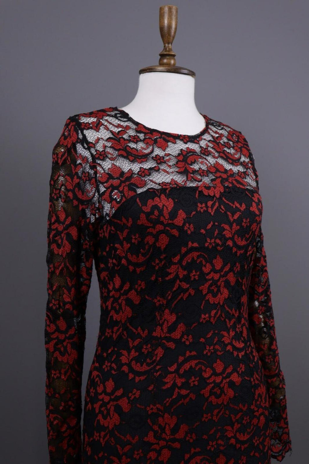 GANNI Red Floral Lace Embroidered Long Sleeve Bodycon Midi Dress – Size M