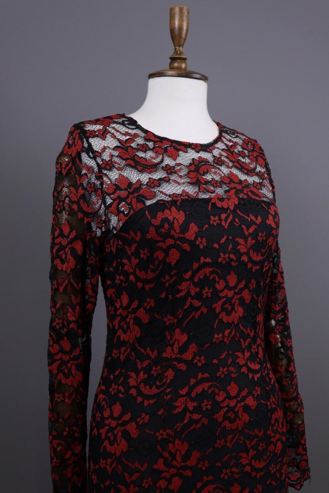 GANNI Red Floral Lace Embroidered Long Sleeve Bodycon Midi Dress – Size M