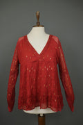 SEZANE Red Metallic Viscose V-Neck Summer Casual Pullover Blouse Top – Size 40