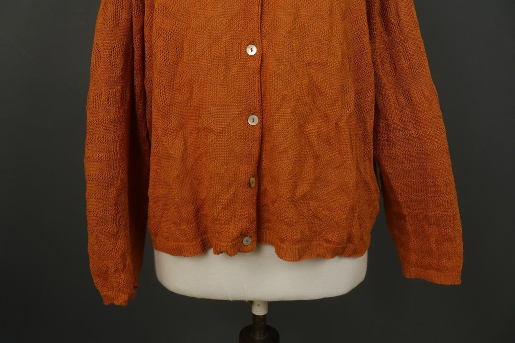 GUDRUN SJODEN Orange 100% Linen Knitted Round Neck Button Front Cardigan – Size XL