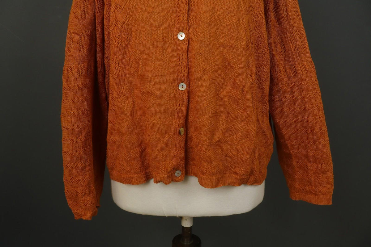 GUDRUN SJODEN Orange 100% Linen Knitted Round Neck Button Front Cardigan – Size XL