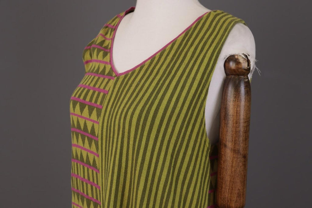 GUDRUN SJODEN Green Geometric Striped Sleevelss A-Line Short Dress – Size M