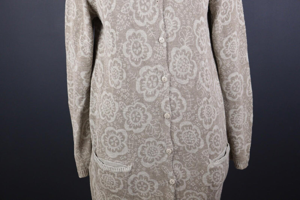 GUDRUN SJODEN Beige Floral Linen Knit Long Cardigan Sweater – Size S