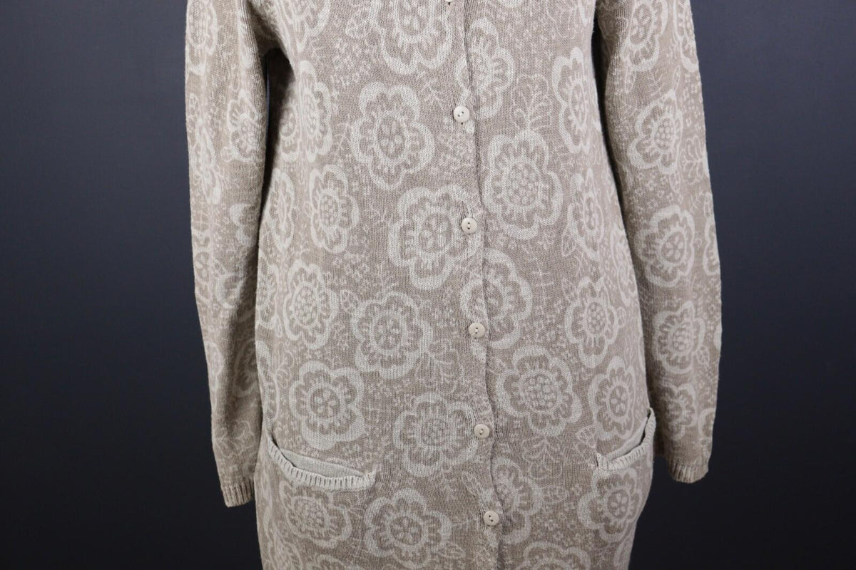 GUDRUN SJODEN Beige Floral Linen Knit Long Cardigan Sweater – Size S