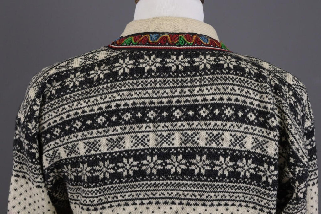 DALE OF NORWAY Beige Fair Isle Wool Knit Button Ski Cardigan Sweater S 48