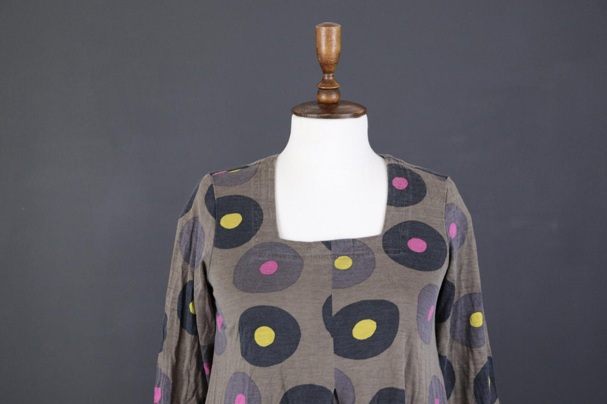 GUDRUN SJODEN Brown Dotted Silk Oversized 3/4 Sleeve Tunic Dress – Size S