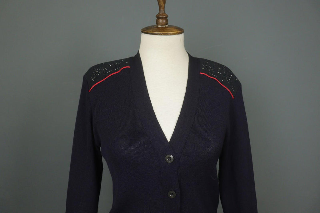 ESCADA Navy Wool Tight Kint Raglan Sleeve V-Neck Button Front Cardigan – Size 40
