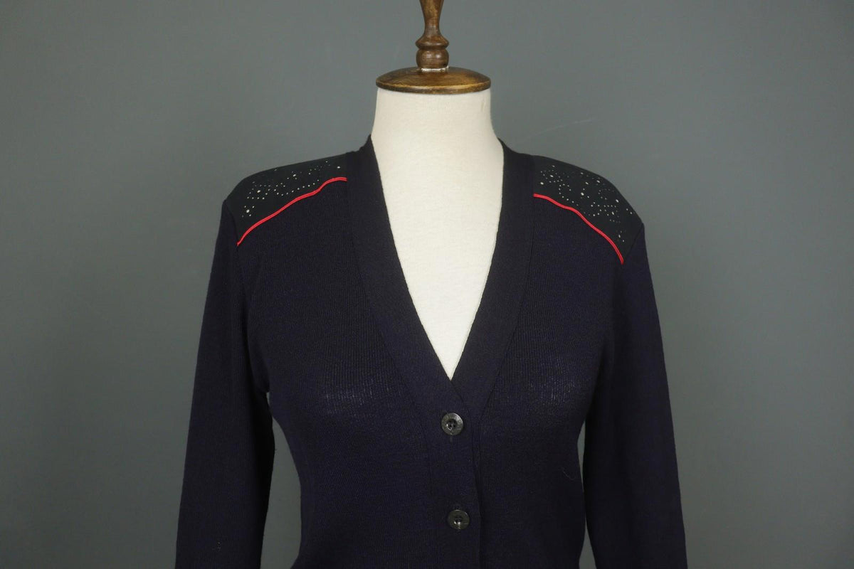 ESCADA Navy Wool Tight Kint Raglan Sleeve V-Neck Button Front Cardigan – Size 40