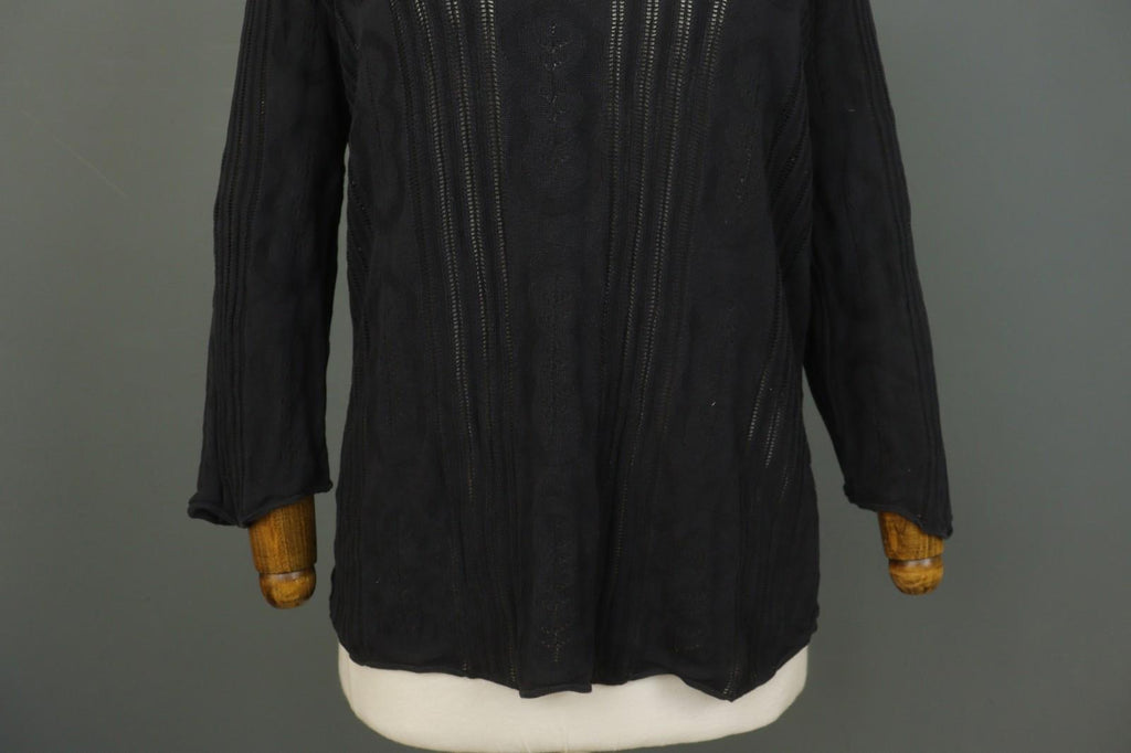GUDRUN SJODEN Black Silk Open Knit Long Sleeve Round Neck Pullover Sweater