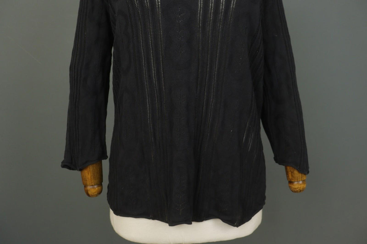 GUDRUN SJODEN Black Silk Open Knit Long Sleeve Round Neck Pullover Sweater