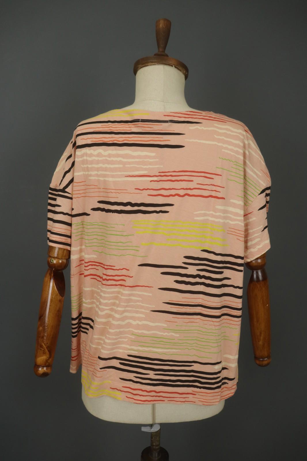 GUDRUN SJODEN Multi Striped Cotton Short Sleeve V-Neck Pullover Blouse Top Sz L