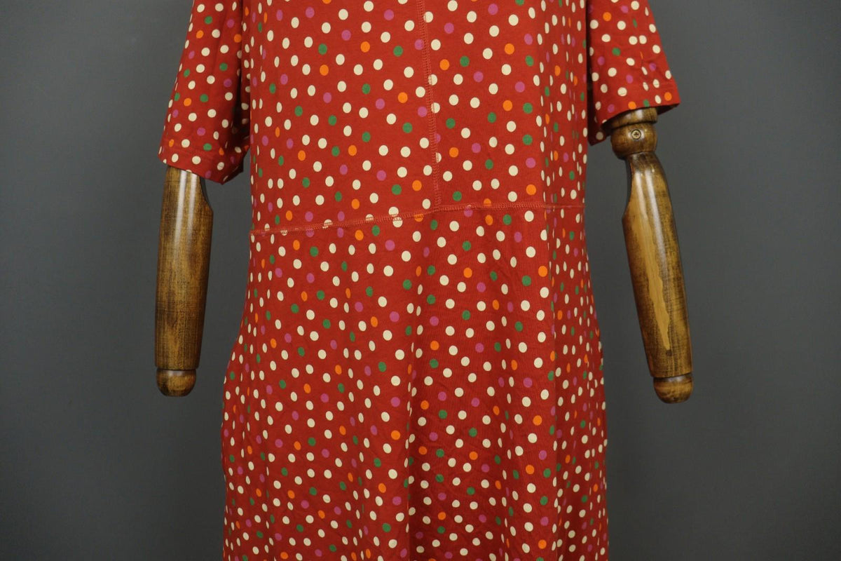 GUDRUN SJODEN Red Polka Dot Organic Cotton Short Sleeve V-Neck Sheath Dress Sz L