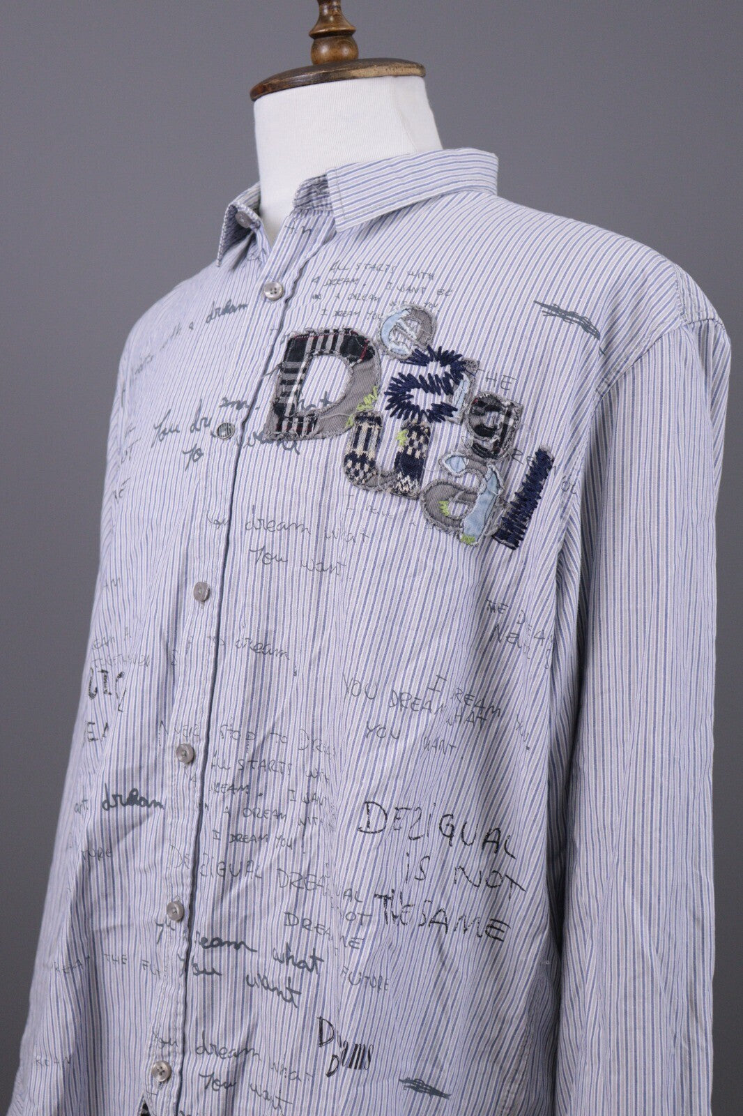 Desigual Regular Fit Blue Pinstripe Printed Long Sleeve Button Down Shirt Sz XXL