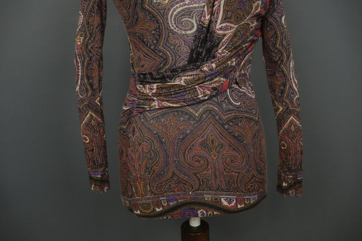 ETRO Milano Multicolor Paisley Classic Long Sleeve V-Neck Mini Dress – Size 42