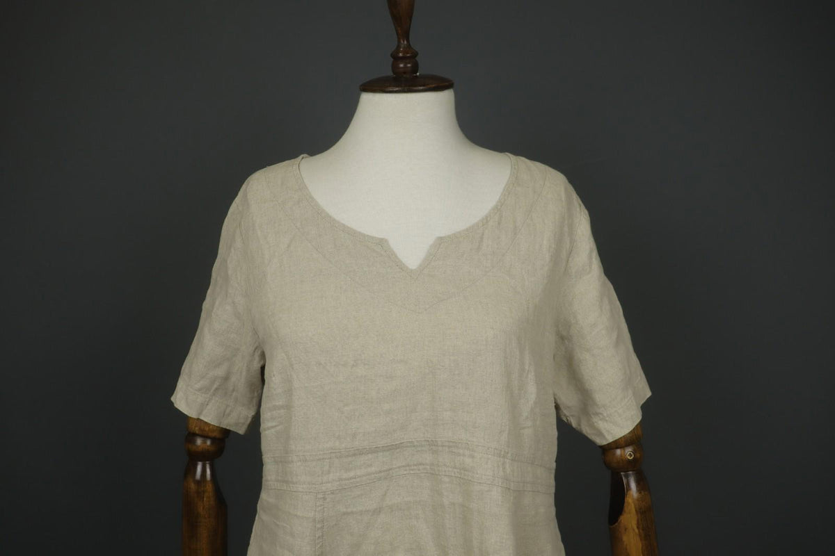 GRIZAS Beige 100% Linen Split Neck Short Sleeve Casual Summer Sheath Dress Sz L