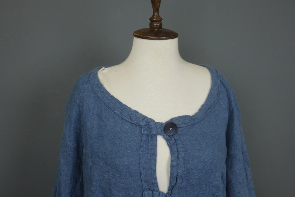 GRIZAS Blue Linen Knitted 3/4 Sleeve Pocket Hem Button Front Cardigan – Size L