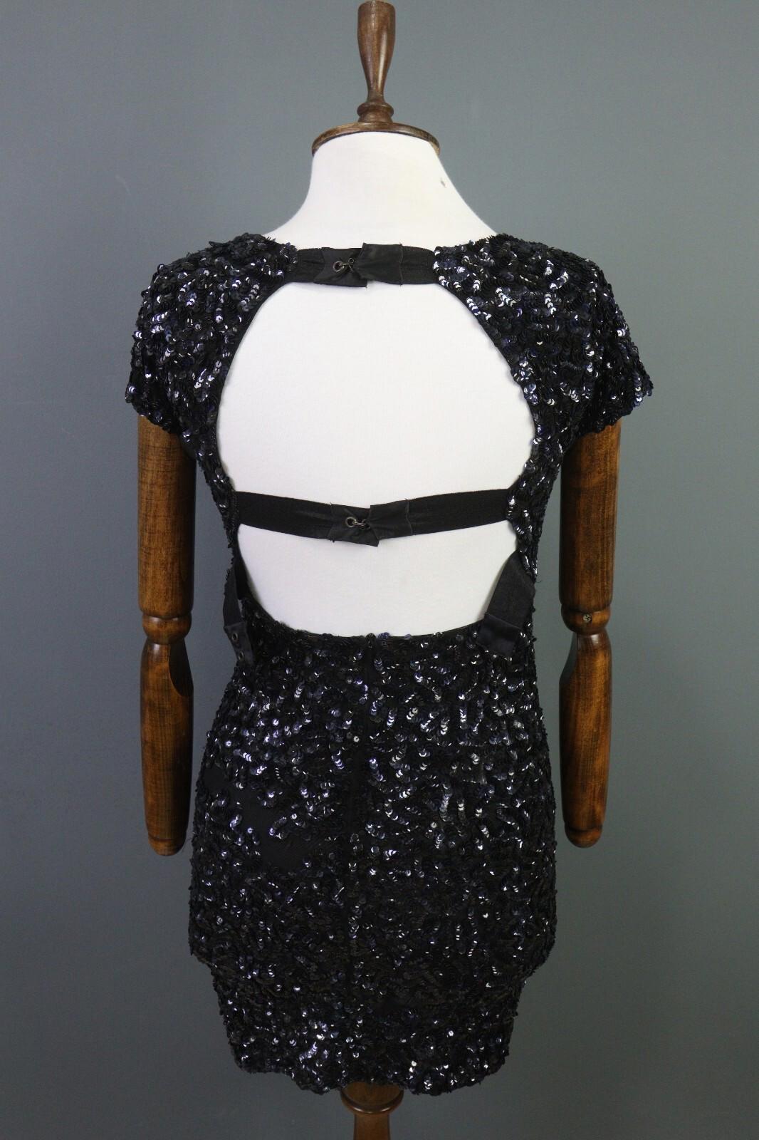 ALICE + OLIVIA Black Sequin Cap Sleeve Round Neck Top Blouse Shirt