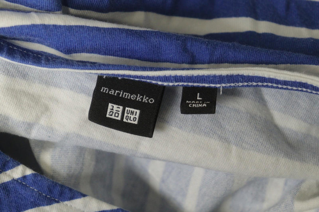 MARIMEKKO Blue White Striped 100% Cotton Round Neck 3/4 Sleeve Tunic Dress Sz L