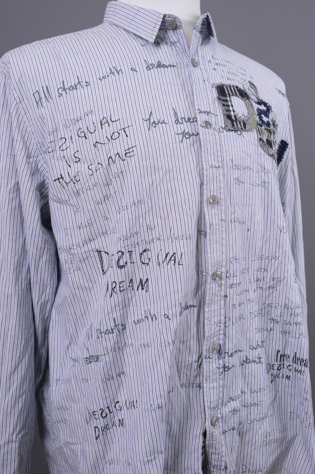 Desigual Regular Fit Blue Pinstripe Printed Long Sleeve Button Down Shirt Sz XXL