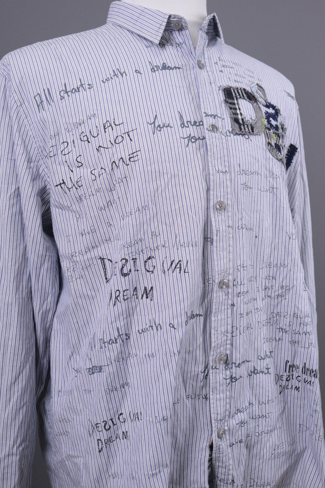 Desigual Regular Fit Blue Pinstripe Printed Long Sleeve Button Down Shirt Sz XXL