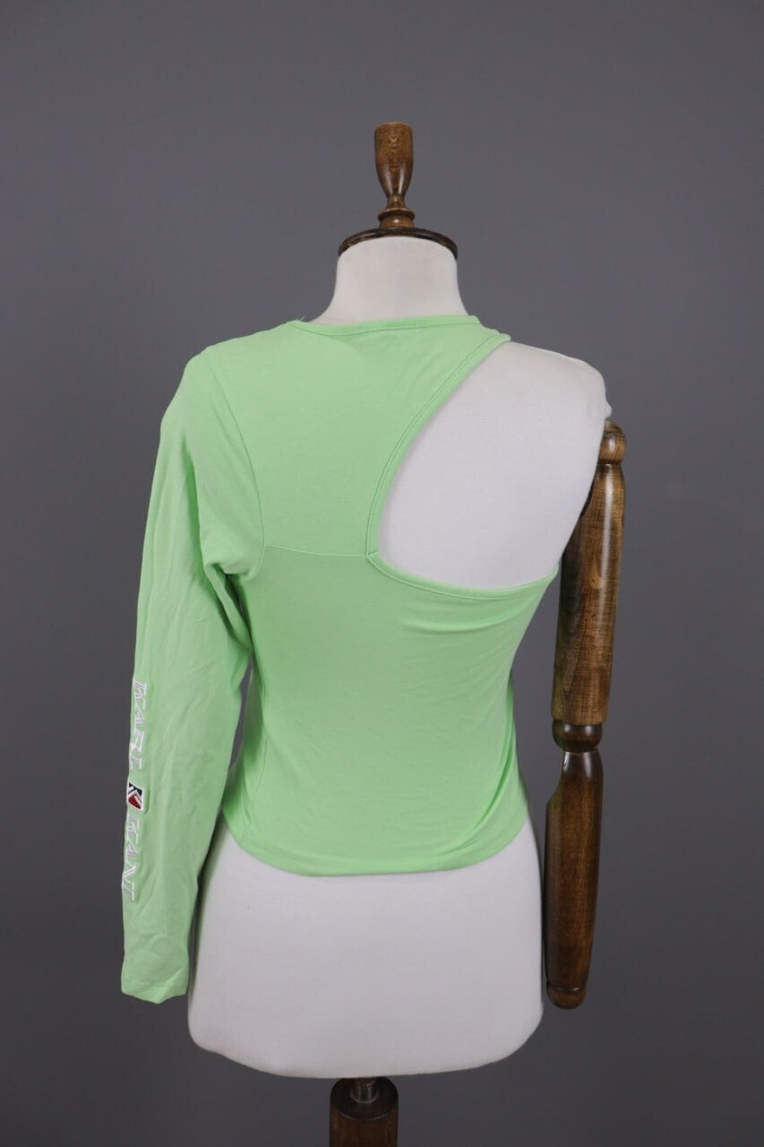 Karl Kani Embroidered Sleeve Green Asymmetrical One Shoulder Shirt – Size S – Used