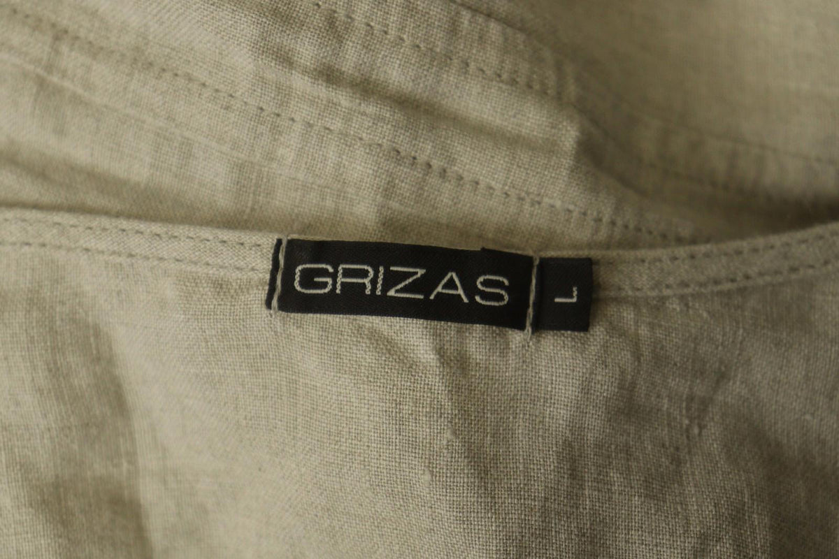 GRIZAS Beige 100% Linen Split Neck Short Sleeve Casual Summer Sheath Dress Sz L
