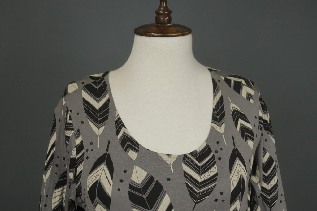 GUDRUN SJODEN Gray Black Leaf Print Round Neck Long Sleeve Pullover Blouse Top