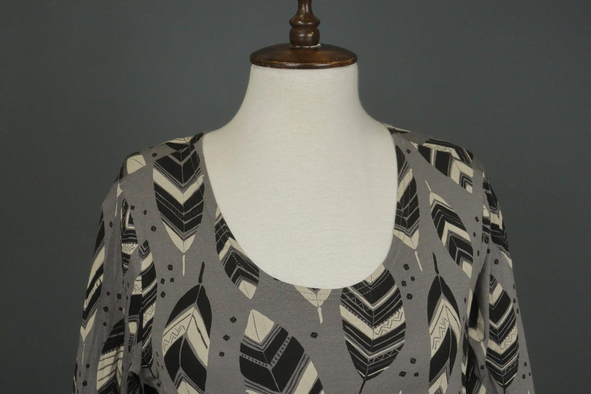 GUDRUN SJODEN Gray Black Leaf Print Round Neck Long Sleeve Pullover Blouse Top