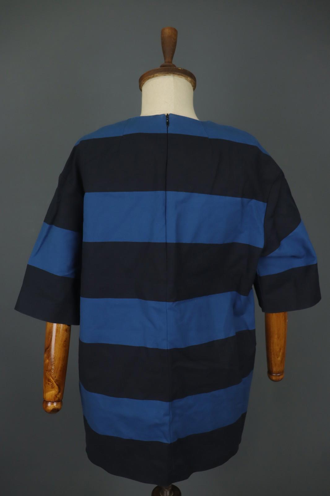 MARIMEKKO LAVINIA Blue Black Striped Cotton Short Sleeve Tunic Top – Size 42