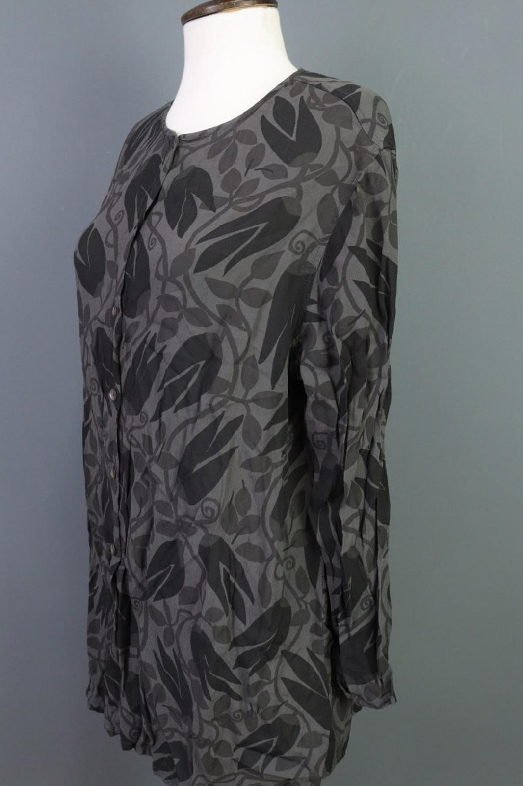 GUDRUN SJODEN Gray Black Leaf Print 100%Viscose Button Front Sheath Dress – Size L