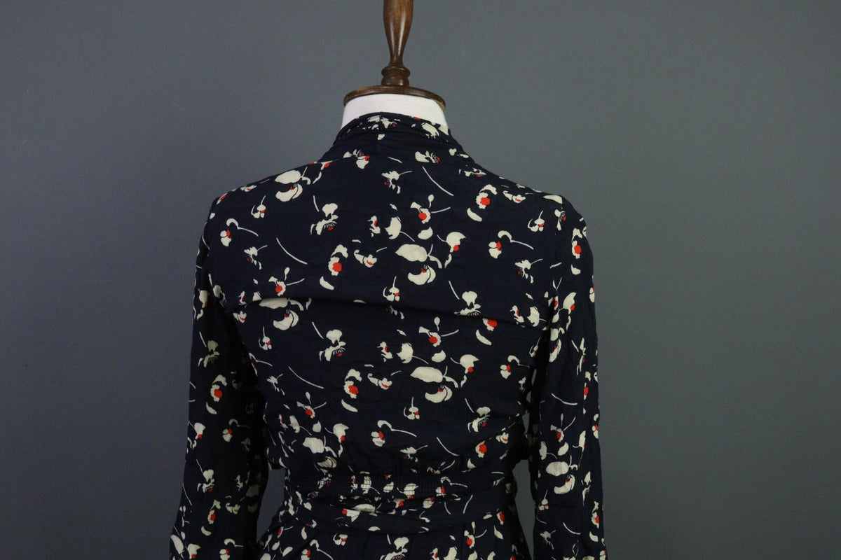 BA&SH Black Floral Long Sleeve V-Neck Belted A-Line Midi Dress – Size 4