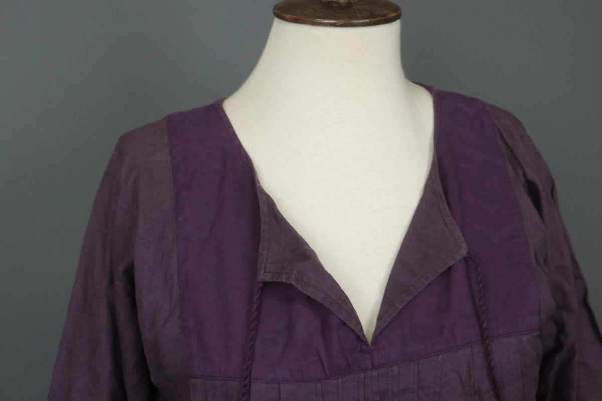 GUDRUN SJÖDEN Purple 100% Cotton Pintuck Long Sleeve Tie Neck Tunic Dress – Size S