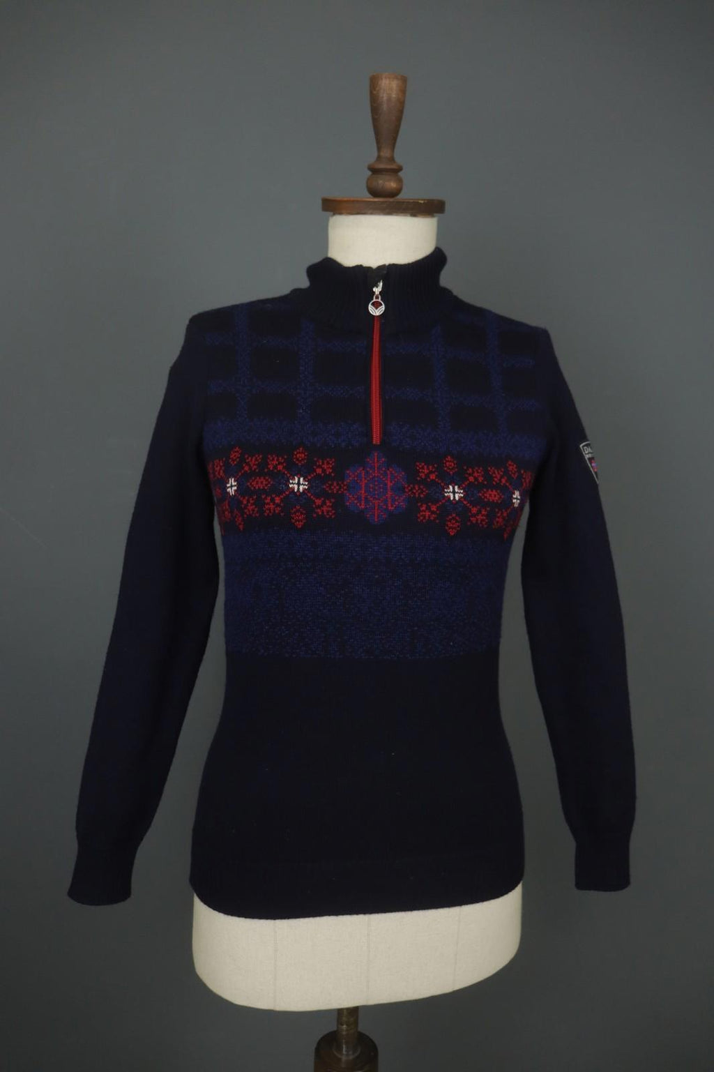 DALE OF NORWAY Navy 100% Wool Knitted Floral Mock Neck 1/4 Zip Sweater – Size XS