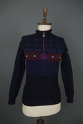 DALE OF NORWAY Navy 100% Wool Knitted Floral Mock Neck 1/4 Zip Sweater – Size XS