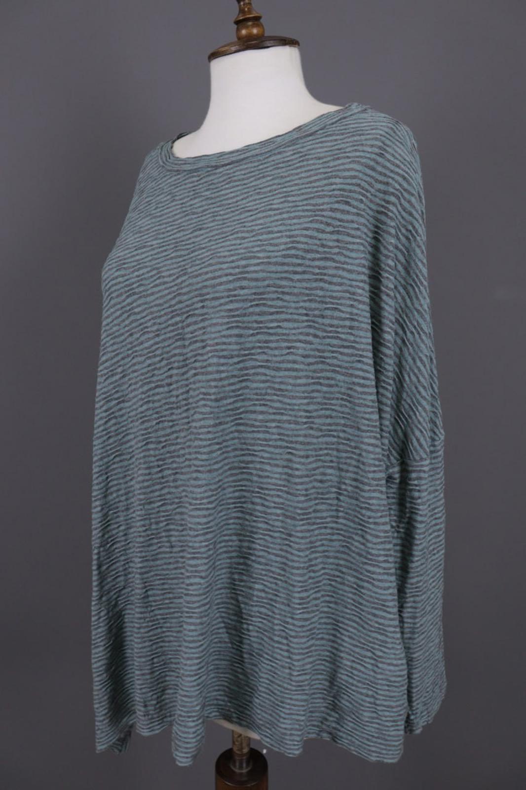 OSKA Green Black Striped Viscose Round Neck Asymmetrical Hem Blouse Top – Size 2