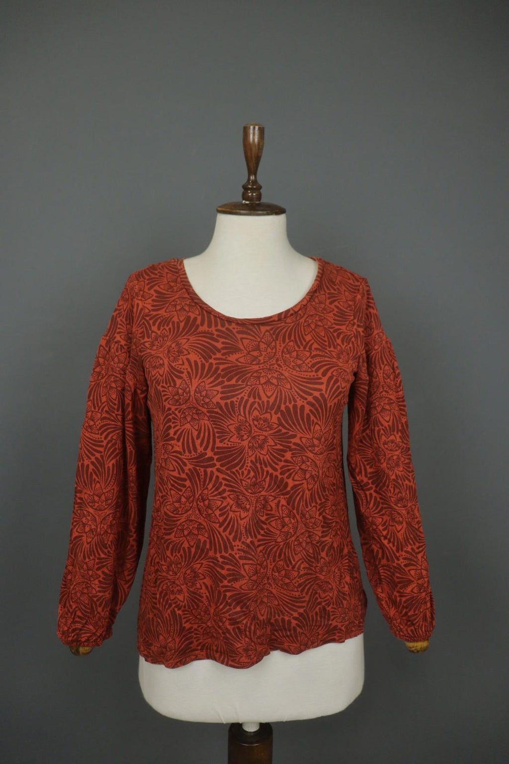 GUDRUN SJODEN Orange Floral Long Sleeve Round Neck Pullover Knit Top – Size S