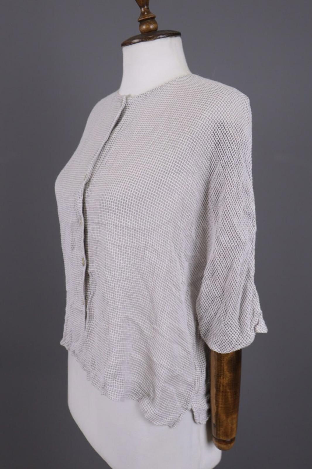 GRIZAS Gray Open Knit Silk Button Down 3/4 Sleeve Blouse Shirt Tunic – Size M