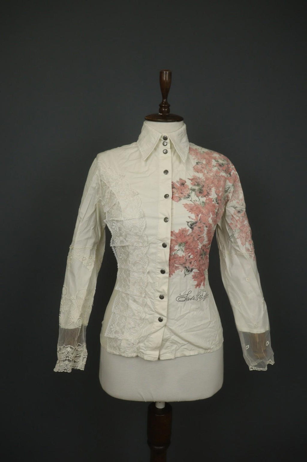 SAVE THE QUEEN White Floral Cotton Lace Long Sleeve Snap Button Shirt Top – Size S
