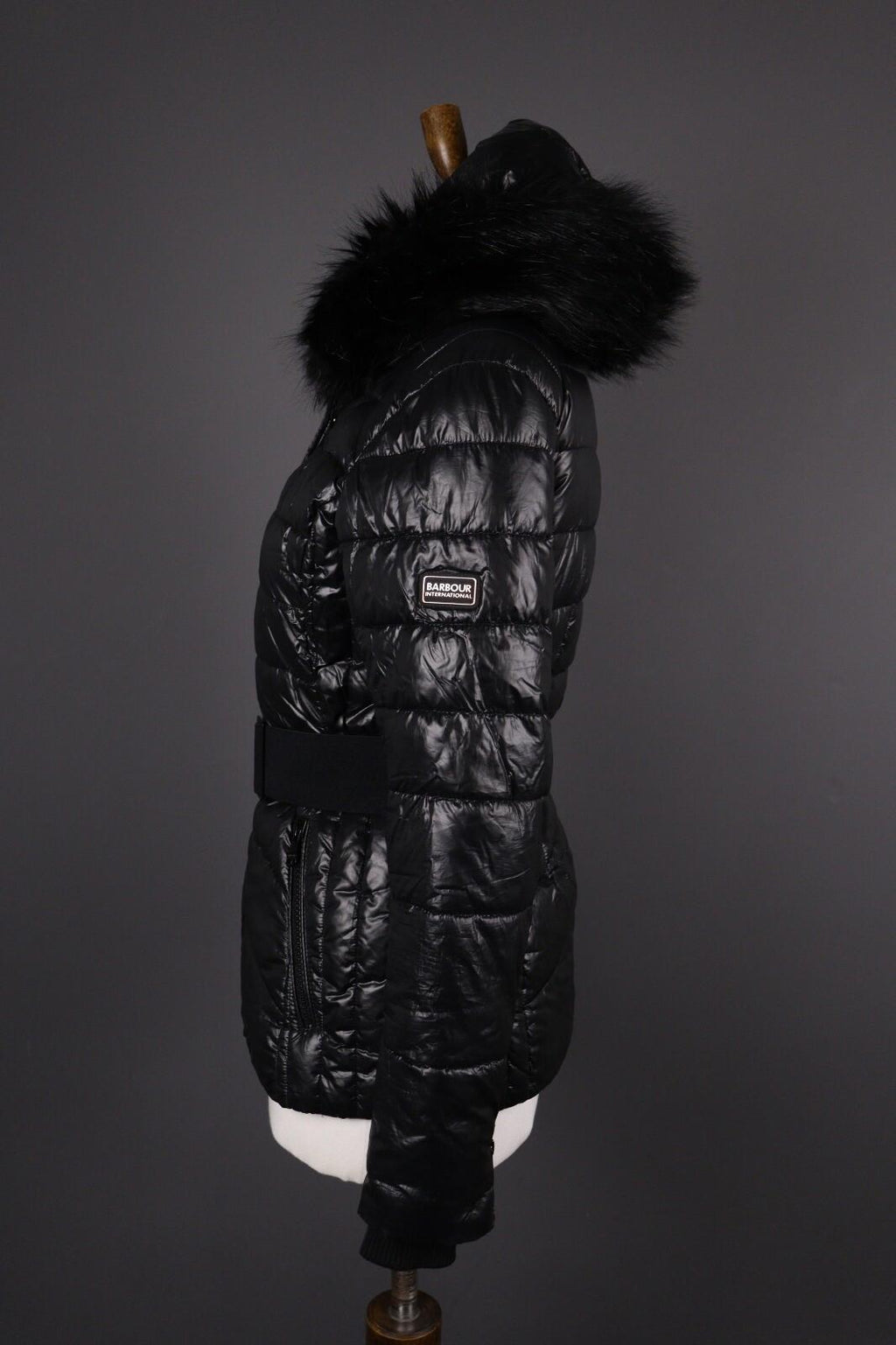 BARBOUR INTERNATIONAL Marleigh Quilt Jacket Belted Hooded Faux Fur – Size 34