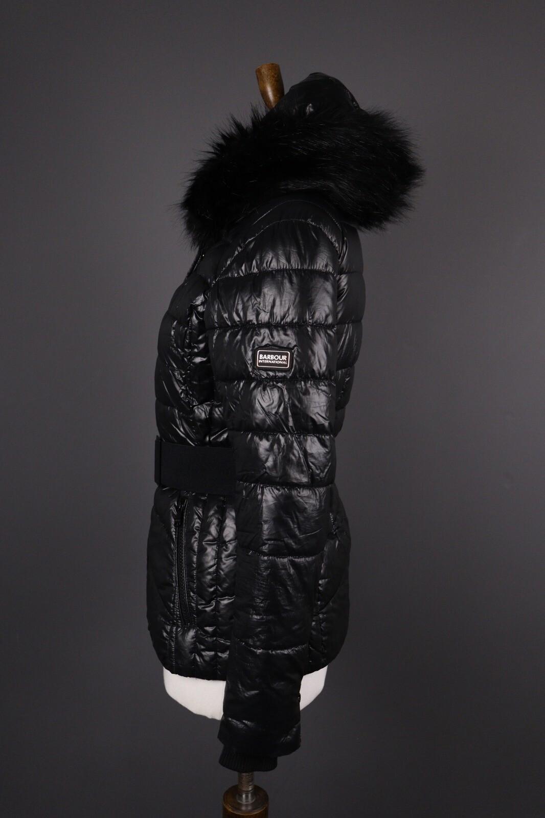 BARBOUR INTERNATIONAL Marleigh Quilt Jacket Belted Hooded Faux Fur – Size 34