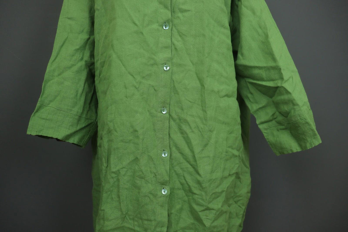 GUDRUN SJODEN Green 100%Linen Classic Long Sleeve Button Front Shirt Dress Sz XL