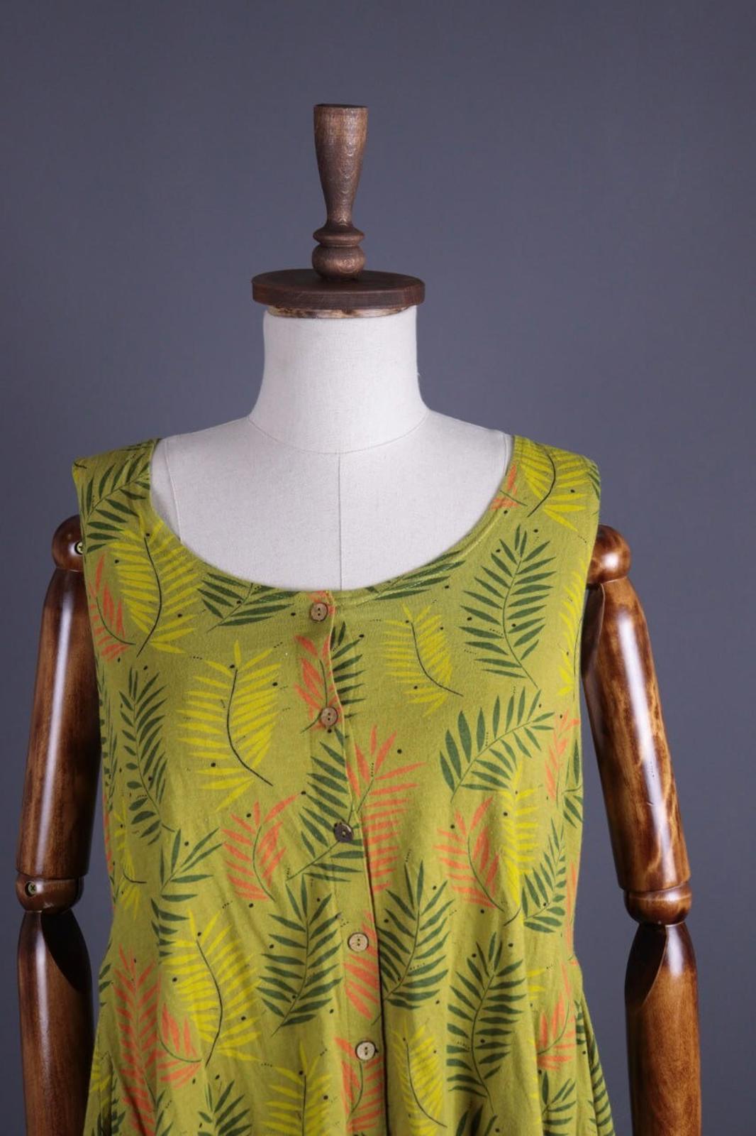 GUDRUN SJODEN Green Floral Button Down Lagenlook Sleeveless Blouson Dress – Size L